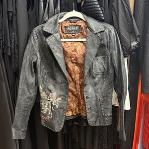 Distressed Black Leather Jacket with Paisley Lining